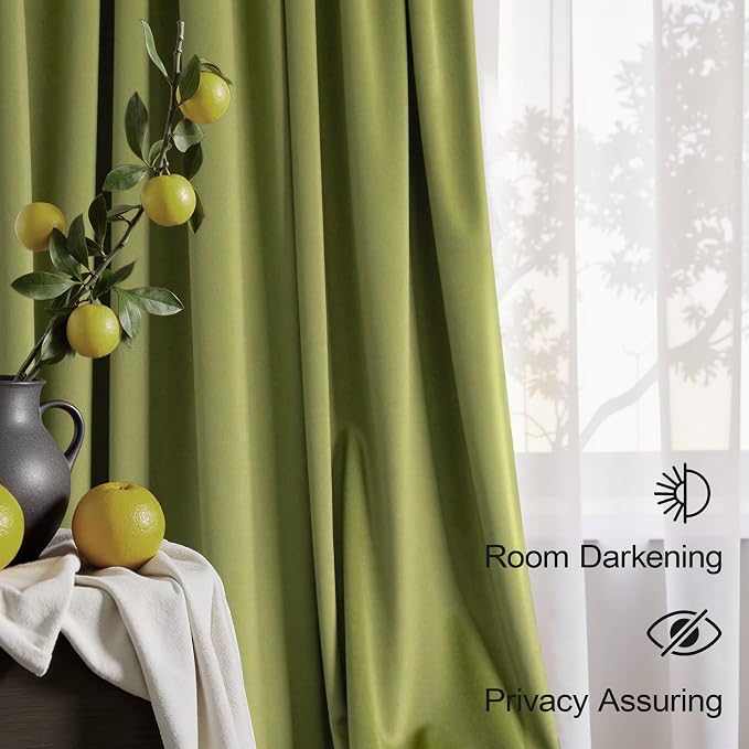 Avocado Lime Moss Green Curtains 108 Inches Long for Living Room Patio Door 2 Panels Luxury Velvet Room Darkening Floor Ceiling Drapes Thermal Insulated Curtain for Bedroom Earthy Room Decor Aesthetic