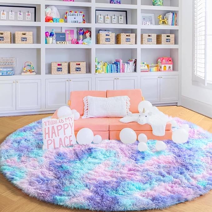 Amdrebio Purple Rainbow Small Round Rug 3Ft for Bedroom Girls Room Decor, Mermaid Kids Rugs for Playroom Nursery Dorm, Fluffy Furry Cute Shag Carpet, Kawaii Circle Area Rugs for Baby Toddler Princess