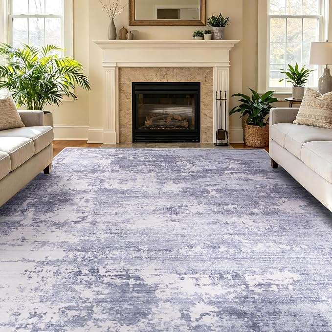 9x12 Area Rugs Living Room Rug Abstract Washable Rug Non-Slip Soft Low Pile Indoor Floor Stain Resistant Thin Carpet for Bedroom Dining Room Home Office Farmhouse Nursery - Light Gray & Cream 9' x 12'