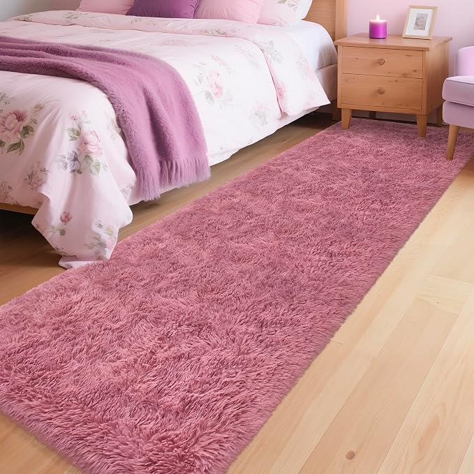 Soft Runner Rug for Bedroom Living Room, 2x8 ft Fluffy Blush Pink Rug for Bedroom Girls Room, Washable Girls Fuzzy Rugs for Kids Room Bedside Nursery Dorm Pink Shag Carpet Runner for Hallway