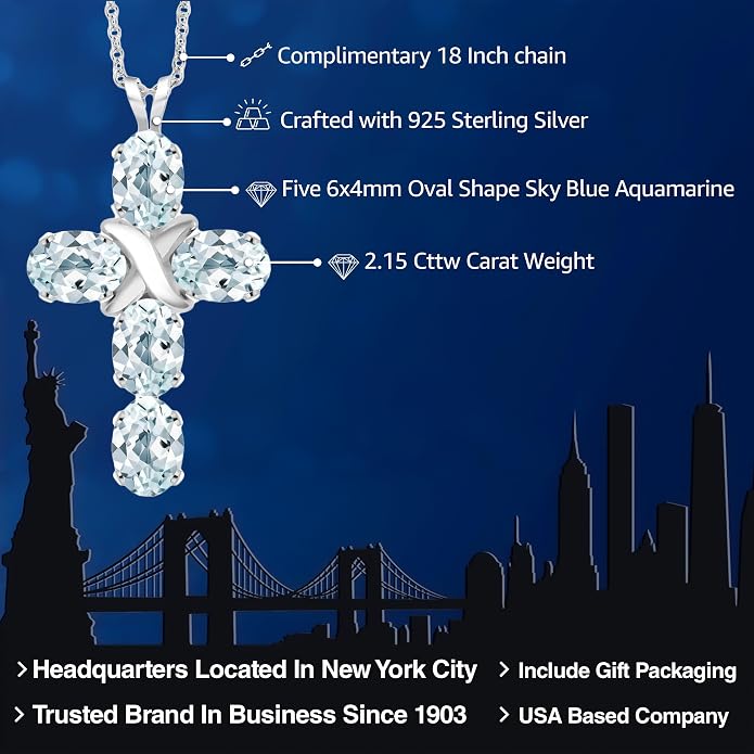 Gem Stone King Cross Pendant Necklace for Women | 925 Sterling Silver | 6X4MM Gemstone Birthstone | Jesus Christian Religious Crucifix Jewelry Gifts | 18 Inch Chain