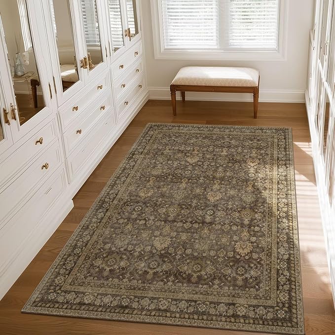 Washable 3x5 Entryway Rug, Boho Vintage Non-Slip Door Mat, Deep Brown | 0.3" Neutral Throw Small Rugs for Bedroom Kitchen Nursery Entrance, Cushioned for High-traffic Area
