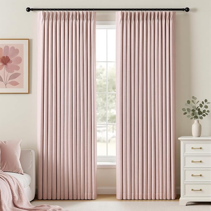 IVAPUPU Pink Pinch Pleated Full Blackout Linen Curtains for Girls Bedroom, Black Out Curtains 95 Inches Long Room Darkening Thermal Insulated Pleat Drapes Baby Pink Dusty Blush for Nursery, 2 Panels
