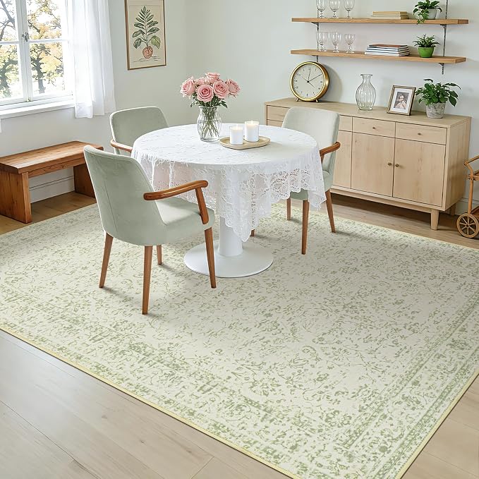 Light Green Nursery Rug Boy Girl 6x9 Area Rugs Washable Non Slip Low Pile Soft Boho Neutral Floral Print Throw Carpet for Living Room Dining Room Sage Green Dining Room Rugs for Under Table 6 x 9