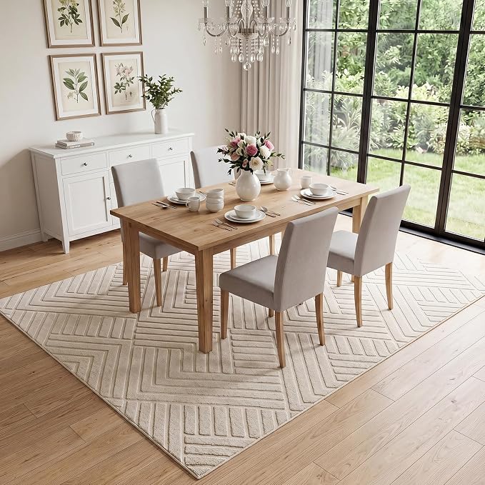 Bsmathom 5x7 Washable Area Rug, Boho Neutral Modern Soft Carpet Mat, Beige | Machine Washable, Low Pile Fluffy Plush, Non-slip, Geometric Textured, For Living Dining Kids Room Bedroom Indoor Dorm