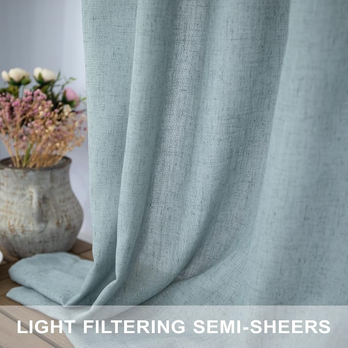 Seafoam Curtains 38 Inch Wide for Small Window 2 Panels Back Tab Rod Pocket Semi Sheer Linen Skinny Sea Green Blue Curtains for Bedroom Entryway Front Door Closet Coastal Decor Teal Grey 38x84 Length