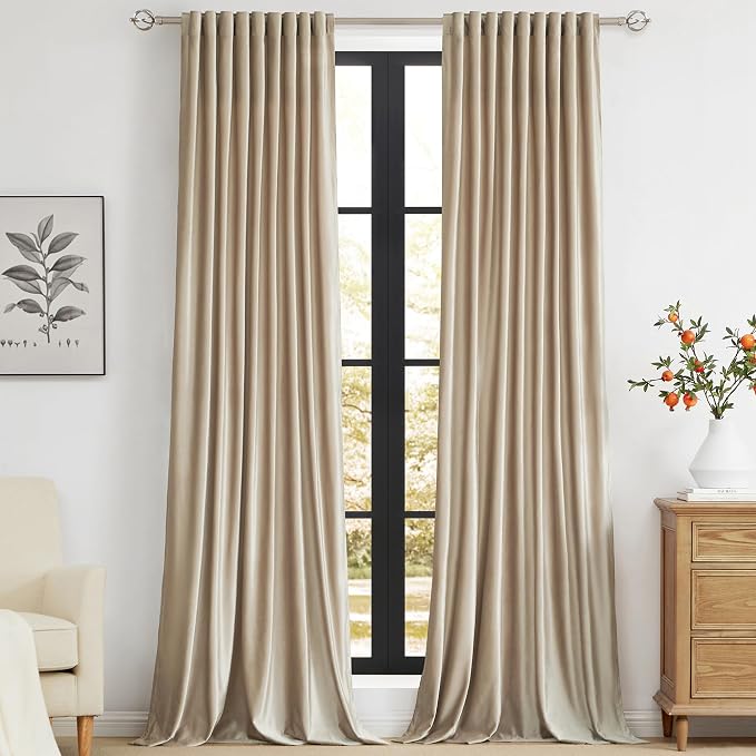 PRIMROSE Champagne Polyester Velvet Curtains 90 inch Long for Living Room,Set of 2 Panels Blackout Rod Pocket Back Tab Window Treatment Room Darkening Heavy Decorative Curtains Drapes for Bedroom
