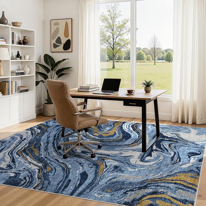 DMOYEST 5x7 Area Rug for Living Room - Washable Neutral Modern Abstract Rugs Soft Non-Slip Carpet Low Pile Indoor Floor Mat for Bedroom & Dining Room Decor for Families with Kids and Pets - Dark Blue