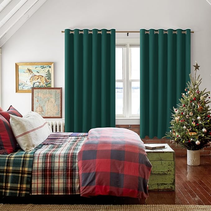 Hiasan Room Darkening Curtains for Bedroom, 70 x 63 Inches - Thermal Insulated & Energy Saving Window Drapes for Living Room/Dorm Room, Set of 2 Panels Sewn with Tiebacks, Hunter Green