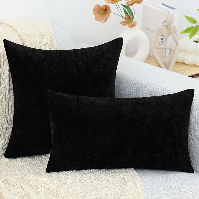 decorUhome Soft Chenille Black Throw Pillow Covers 26X26 Set of 2 | Decorative Fall Couch Pillow Covers Solid Dyed Accent Modern Euro Sham Farmhouse Neutral Square Pillow Cases for Sofa