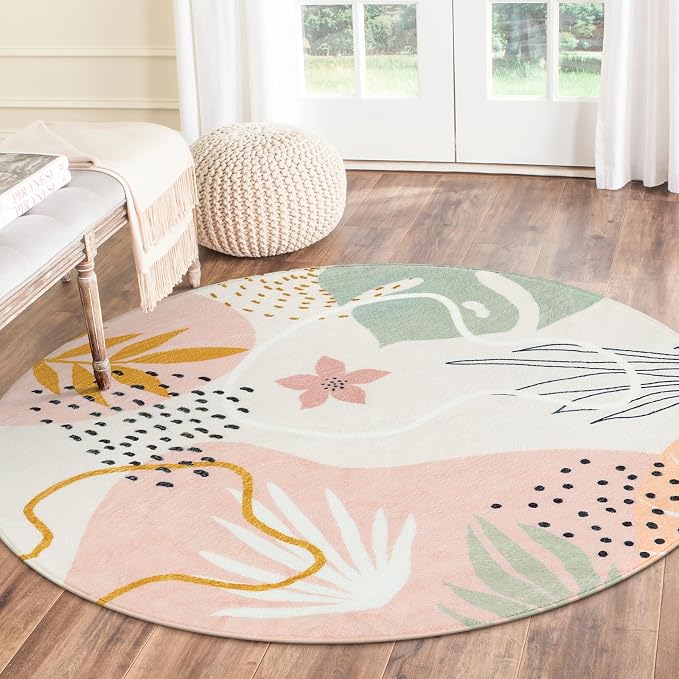 Lahome Pink Round Rugs 8Ft - Washable Boho Area Rug for Living Room Non-Slip Soft Ultra-Thin Large Round Rug Dining Room Rug, Botanical Print Floor Round Carpet for Bedroom Office Dorm (Pink, 8'x8')