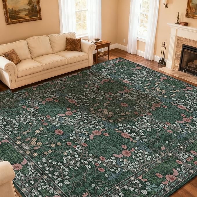 Vintage Green Living Room Rug, 9x12 Washable Area Rugs for Dining Room Under Table, Soft Low Pile Large Carpet Bedroom, Non-Slip Boho Floral (9 x 12 Green)