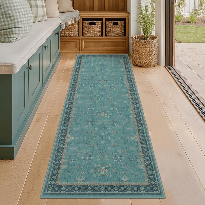 Boho 2x8 Non Slip Kitchen Runner Rugs -Machine Washable Non Skid Vintage Carpet for Hallway, Entryway, Non Slip with Rubber Backing, Floral Aqua Blue Unique Runner Décor (Teal)