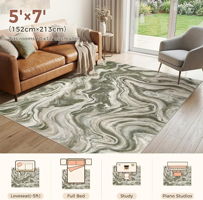 DMOYEST 5x7 Washable Area Rug for Living Room,Non Slip Abstract Rugs,Modern Soft Low Pile Carpet for Bedroom,Dining Room,Home Office-Olive Green