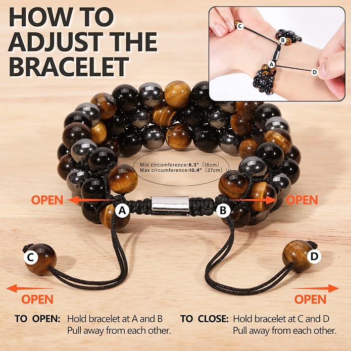 Triple Protection Bracelet, Genuine Tigers Eye Black Obsidian and Hematite 8mm Beads Bracelet for Men Women, Crystal Jewelry Stone Bracelets Gifts for Men Bring Luck Prosperity
