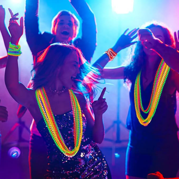 24PCS Glow in the Dark Bead Necklace, Metallic 8 Kinds of Color Light up Neon Mardi Gras Beads, 33" Light Costume Necklaces for Festival Parade Throw Accessories Wedding Birthday Party Favors Decor