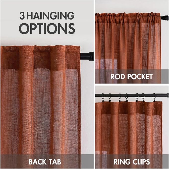 MIULEE Burnt Orange Linen Curtains 63 Inch Length 2 Panels for Bedroom Living Room, Soft Thick Linen Textured Window Drapes Semi Sheer Light Filtering Back Tab Rod Pocket Burlap Look Fall Decorations