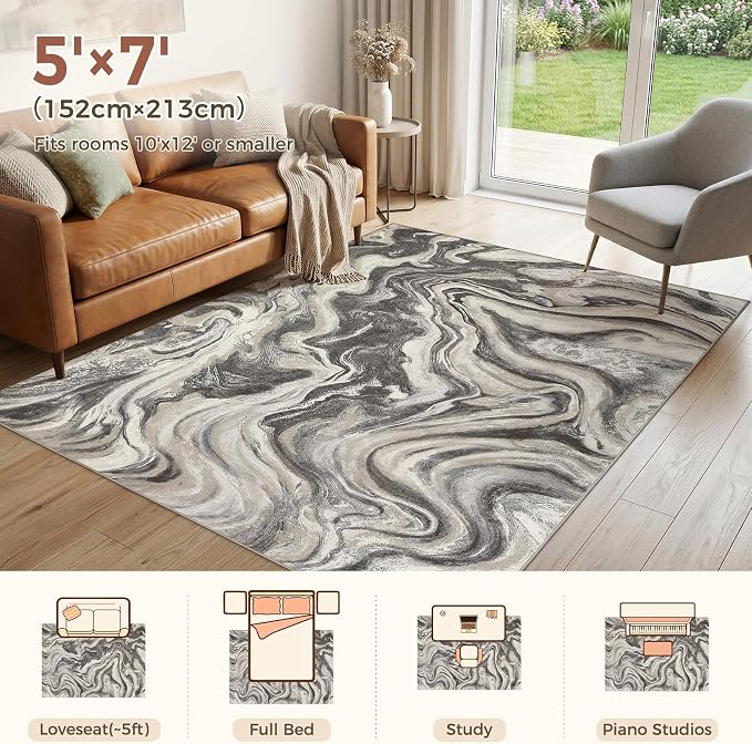 DMOYEST 5x7 Washable Area Rug for Living Room,Non Slip Abstract Rugs,Modern Soft Low Pile Carpet for Bedroom,Dining Room,Home Office-Ash Grey