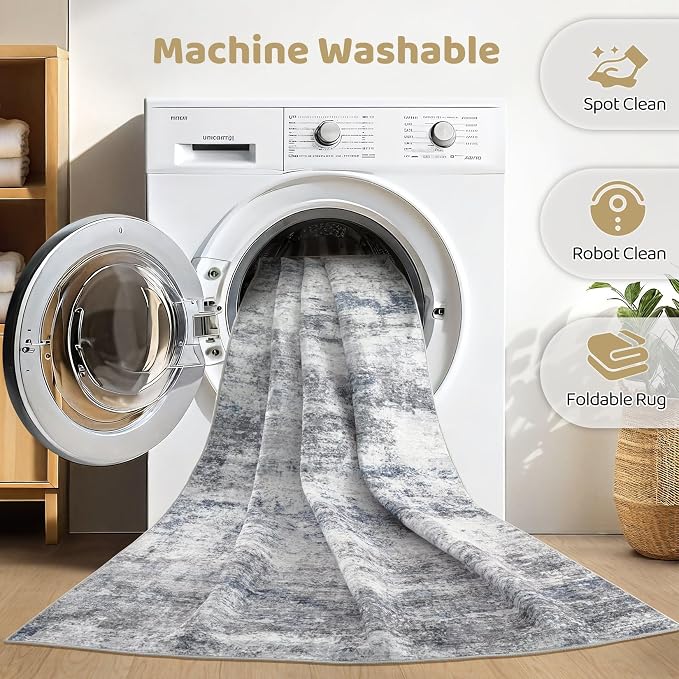 Area Rugs 9x12 Living Room: Washable Large Abstract Neutral Modern Soft Rugs Stain Resistant Indoor Floor Non-Slip Accent Carpet for Bedroom Nursery Playroom Office Dining Room Home Decor- Blue Gray