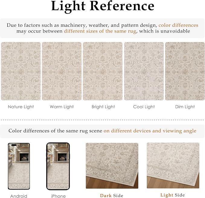 6x9 Beige Neutral Living Room Area Rug | Washable, Low Pile, Accent, Vintage, Soft, Non Slip, Carpet for Bedroom Dining Room Nursery Office Indoor Home Decor