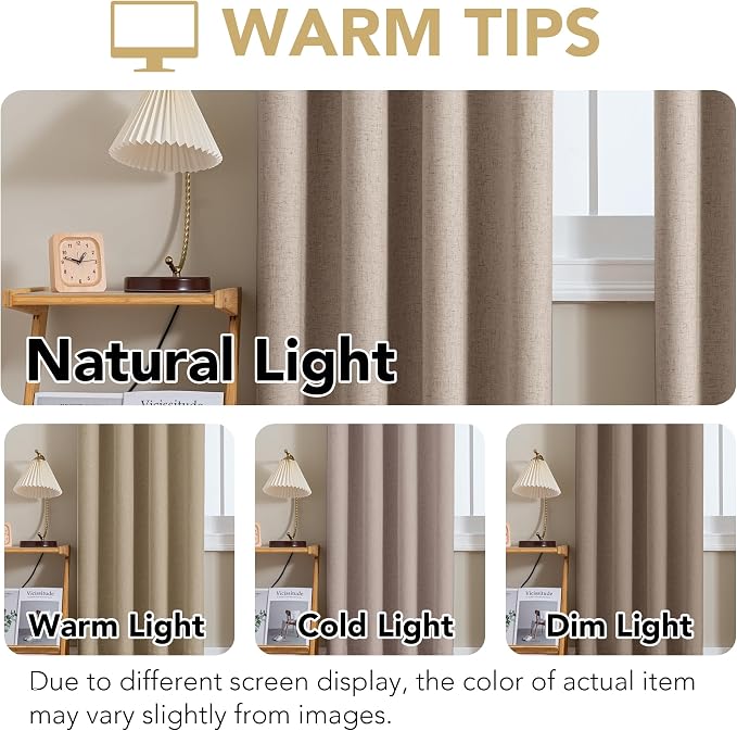 H.VERSAILTEX Linen Curtains 100% Blackout Curtains for Bedroom 54 inch Long Full Light Blocking Nature Linen Blended Window Curtains for Living Room Nickel Grommet (2 Panels, Heathered Sand)
