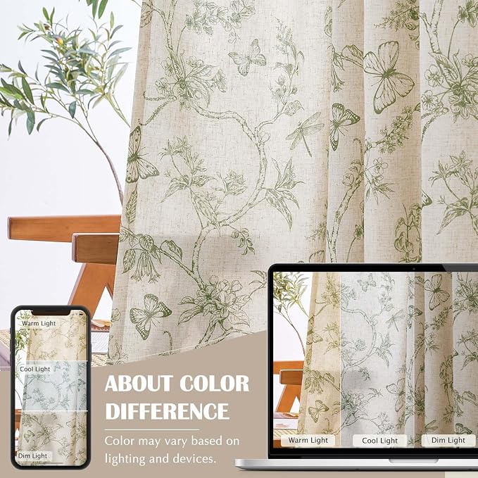 jinchan Green Floral Linen Curtains Lined 84 Inch Vintage Back Tab 2 Panels | Privacy lining, light filtering drapes, cottagecore, french country, farmhouse, bedroom, living room, window treatment
