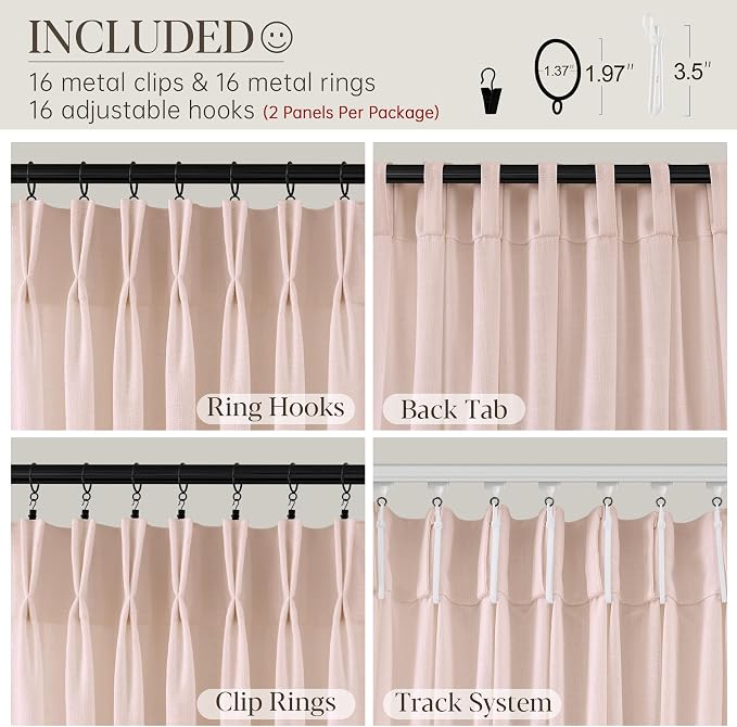 Light Pink Linen Curtains Pinch Pleated 120 Inch Length 2 Panels for Nursery Baby Girls Bedroom Semi Sheer Light Filtering Pleated Linen Curtains for Living Room Bedroom Dusty Blush Pink