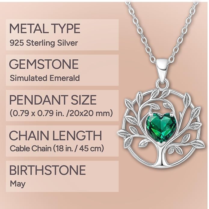 ADITA GOLD Tree of Life Necklace for Women, 925 Sterling Silver Birthstone Pendant, Simulated Gemstone, Jewelry