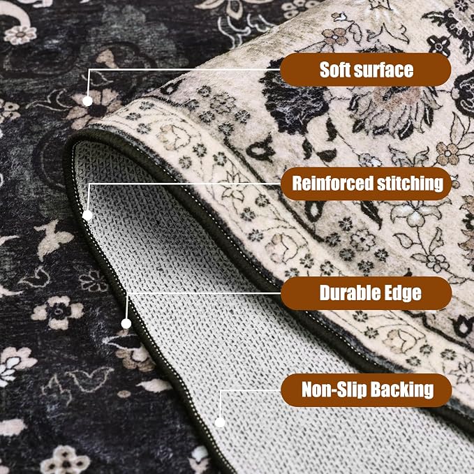 Blcak 8x10 Vintage Rugs for Living Room, Washable Rugs Non Slip Large Area Rug for Bedroom Dining Room Office, Floor Decoration Big Rug Carpet Low-Pile Kid & Pet Friendly(Blcak Navy Multi