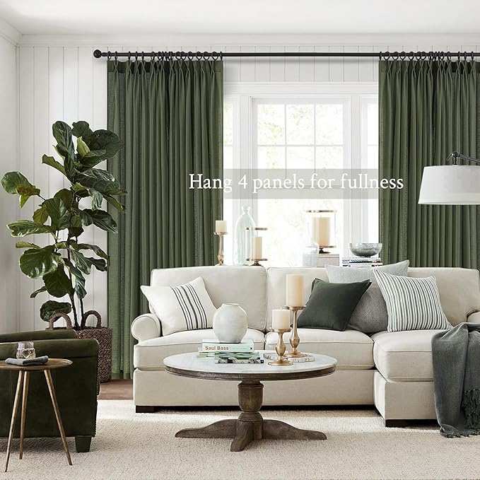 Topfinel Olive Green Pinch Pleated Curtains 105 Inch Length 1 Panels for Bedroom Living Room Textured Semi Sheer Window Curtain Boho Neutral Back Tab Pinch Pleat Drape with Hooks 105 Inches Long