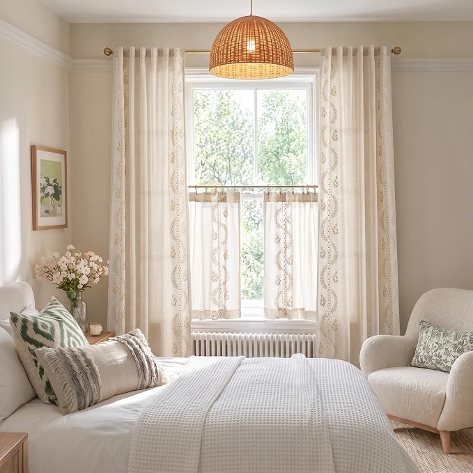 jinchan Floral Linen Curtains 108 Inch Farmhouse Back Tab 2 Panels Beige | Embroidered curtains,boho curtains,living room,bedroom,light filtering,privacy,flower patterned drapes,window treatment
