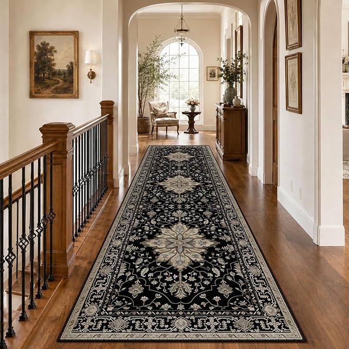 RELEANY Area Rugs Runner 3'x10' Washable Non-Slip, Floral Vintage Distress Medallion Carpet for Kitchen Hallway Bedroom Beside Laundry Room Bathroom, Black Brown Neutral Dark Tan