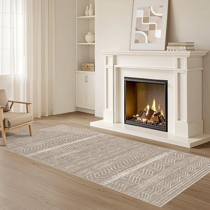 Nakagishi Area Rug Living Room Rugs: 2X6 Machine Washable Boho Large Neutral Farmhouse Stain Resistant Moroccan Indoor Floor Carpet for Bedroom Nursery Dorm Dining Room Home-Dark Brown