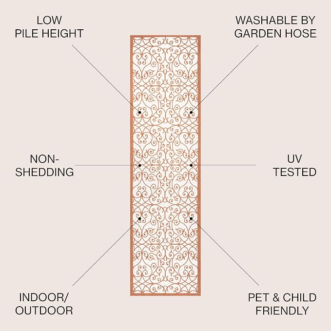 JONATHAN Y Vintage Filigree Indoor Outdoor Runner Rug 2X10 Cream/Orange, Madrid Textured Weave for Backyard, Patio, Porch, Easy-Cleaning, High Traffic, Pet-Friendly, Non-Shedding (SMB107L-210)