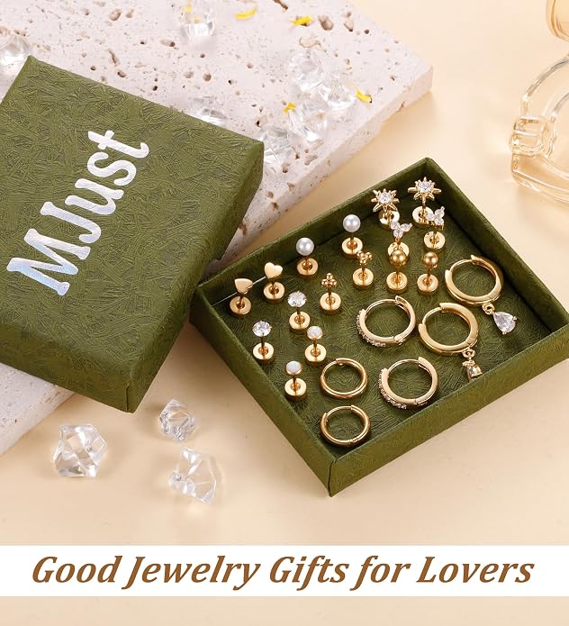 MJust 18 Pairs Women‘s Hypoallergenic Flat Back Stud Earrings, 20g Stainless Steel Earrings Sets for Men, Tiny Unisex Screw Back Cartilage Earrings.