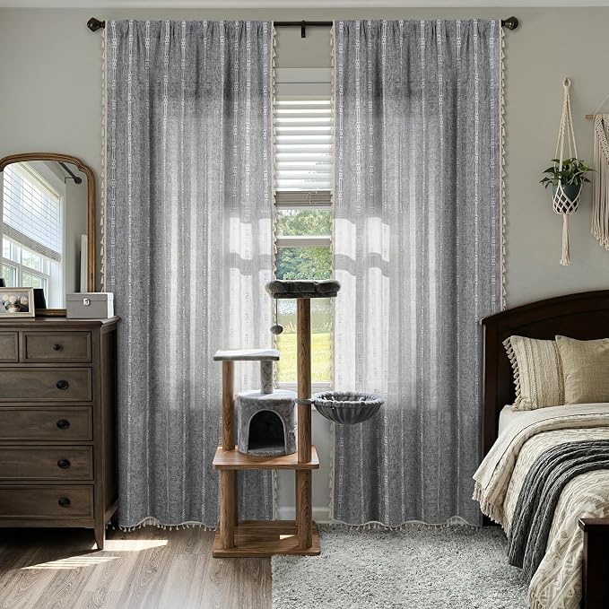 ColorBird Boho Curtains Linen-Textured for Bedroom Living Room Light Filtering 84 Inches Grey Farmhouse Curtains & Drapes Embroidered Striped for Closet Dining Dooraway Window Treatment