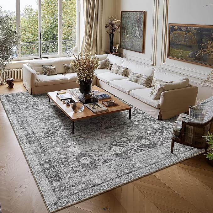 Boho Washable 9x12 Area Rugs for Living Room, Cushioned, Grey | Vintage Non-slip Neutral Oriental Rugs for Bedroom Dining Room Nursery Office High Traffic Area