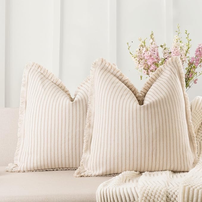 ZWJD Throw Pillow Covers 22x22 Set of 2 Striped Pillow Covers with Fringe Chic Cotton Decorative Pillows Square Cushion Covers for Sofa Couch Bed Living Room Farmhouse Decor, (Khaki)