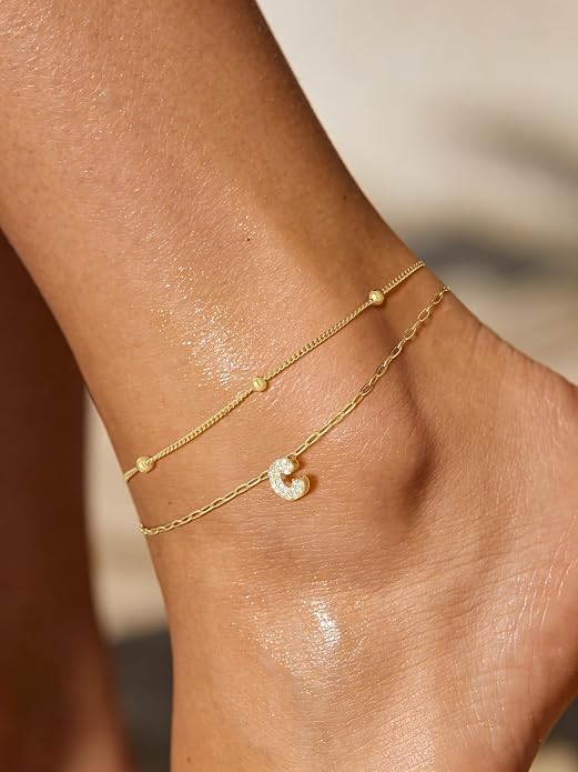 FindChic Silver/14K Gold Plated Layered CZ Initial Ankle Bracelet for Women | Waterproof Stainless Steel, Cubic Zirconia Letter Charm, Non-Tarnish, Hypoallergenic, Adjustable Extender, Summer Jewelry