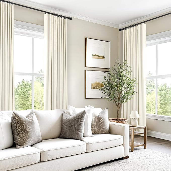 INOVADAY 100% Blackout Curtains for Bedroom, Light Cream Black Out Curtains 96 Inch Long, Clip Rings Linen Blackout Drapes, Thermal Insulated Room Darkening for Living Room, 2 Panels - W50xL96