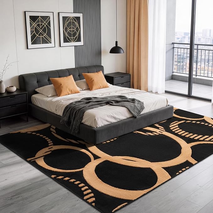 YIHOUSE Black and Gold 8x10 Area Rugs for Living Room Washable | 3D Textured Rug for Bedroom Non Slip, High and Low Pile, Soft Modern Carpet for Dining Room Playroom Home Office Decor