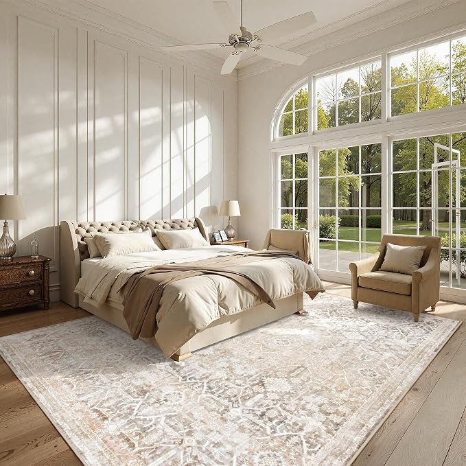 Collive Large Area Rug for Living Room 10x14, Machine Washable Neutral Oriental Farmhouse Rugs for Bedroom, Soft Non-Slip Low Pile Indoor Floor Accent Carpet for Office Dining Room - Beige