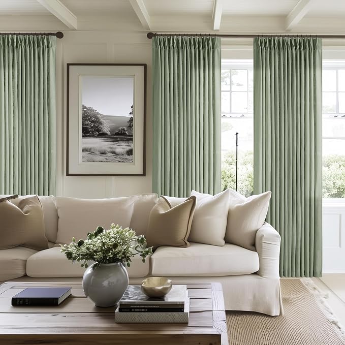 Sage Green Pinch Pleat Semi Sheer Linen Curtains 102 Inches Long 2 Panels | for Living Dining Room, 400GSM Flax Linen, Pinch Pleated with Hook Rings Back Tab, Memory Shape Trained, Light Filtering