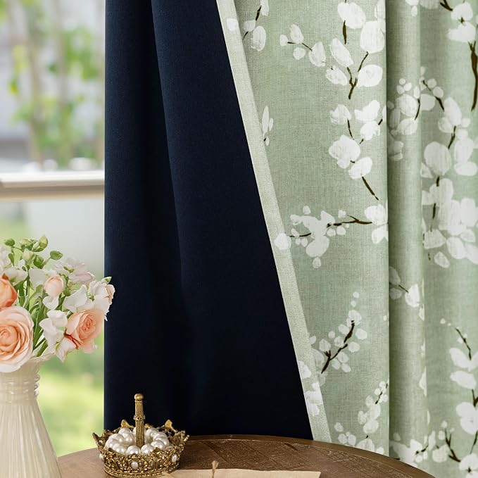 FMFUNCTEX 100% Blackout Green Floral Curtains 96 Inch Grommet 2 Panels | Black Out Drapes,Thermal Insulated Cottage Farmhouse, Blossom Patterned Extra Long Curtain for Bedroom, Living Room Darkening