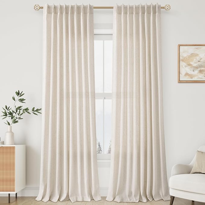 Aersas Natural Pinch Pleat Linen Curtains 92 Inch Length 2 Panels Set for Bedroom Dining Room Semi Sheer Linen Boho Farmhouse Neutral Window Curtains 92 Inches Long for Living Room Nursery 50x92