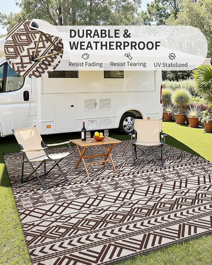 MontVoo-Outdoor Rug Carpet Waterproof 6x9 ft Reversible Patio Rug RV Camping Rug-Plastic Straw Rug Outside Indoor Outdoor Area Rug for Patio Deck Balcony Picnic Beach Outdoor Decor Boho Beige Brown