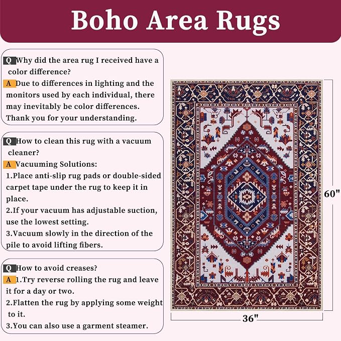 SERISSA Area Rug 3x5 Boho Rugs for Bedroom, Washable Non-Slip Living Room Rug, Ultra Soft Print Distressed Vintage Burgundy Navy Rug Low-Pile Throw Carpet for Entry Kitchen Nursery Dorm Decor