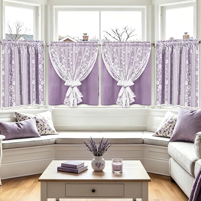 ASPMIZ Linen Kitchen Curtains Double Layer Kitchen Window Curtains Over Sink 36 Inch Length Purple Tier Curtain Light Filtering, Rod Pocket Cafe Curtain Short Window Treatments with 2 Tiebacks, 26x36