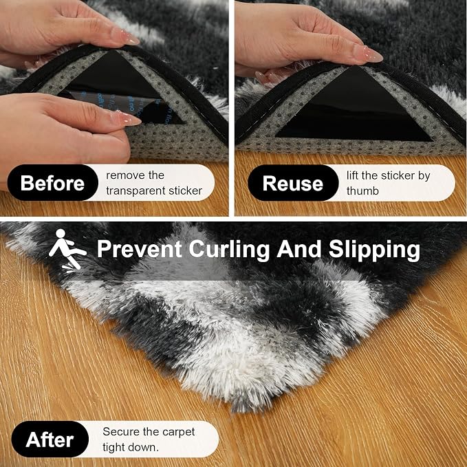 Black and White Rugs for Bedroom, 2x3 Fluffy Area Rugs for Living Room, Small Fuzzy Shag Soft Carpet with 4 Non-Slip Adhesive Strips for Kids Boys and Girls Nursery Dorm Home Decor (2ft X 3ft)