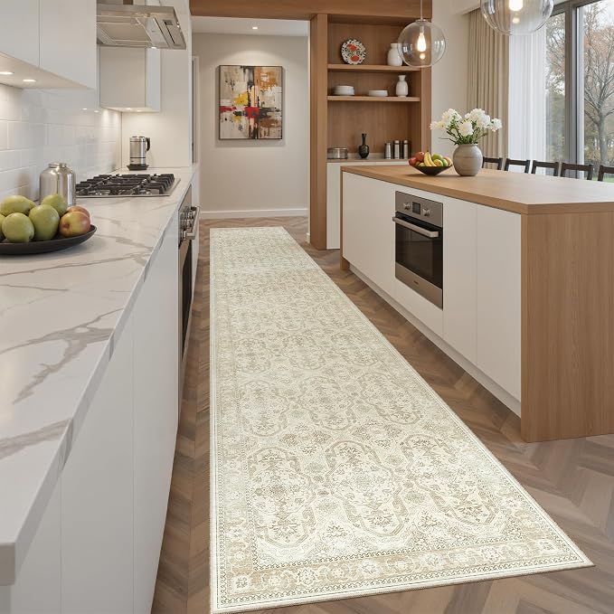 Soalmost Runner Rug 2x12 Washable Non-Slip Hallway Runner Rugs for Kitchen Bathroom Laundry Room Beige/Brown Vintage Floor Carpet Runners for Hallways Entryway